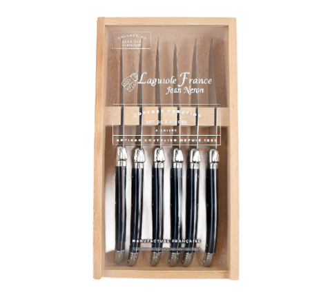 Laguiole Steak Knives with Black Handle w/ Acrylic Lid - Set of 6