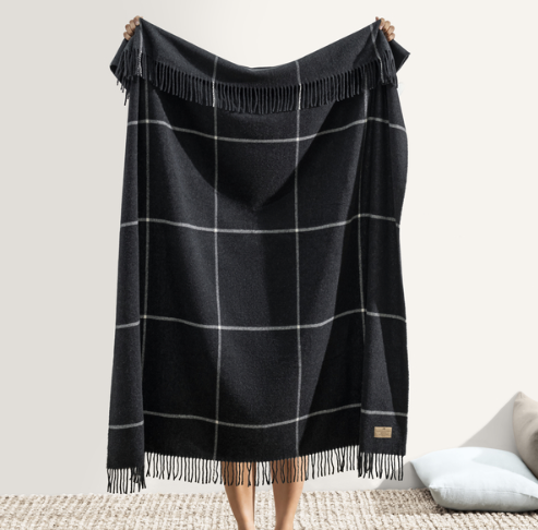 Italian Cashmere & Lambswool Windowpane Throw Onyx 51"W x 67"L